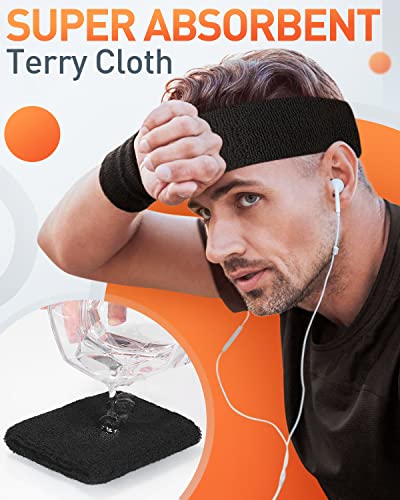 Sport Sweatbands Headbands - Black Terry Cloth Cotton for Men & Women