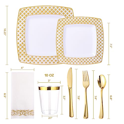 FOCUSLINE Gold Diamond Rim Square Disposable Dinnerware Set for 25 Guests, 175 Pieces