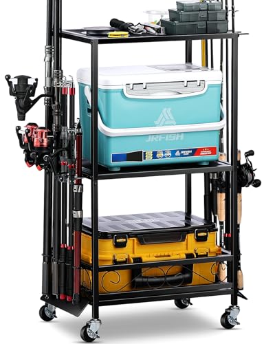 EXCTCT Small Black Adjustable 10-Rod Fishing Rod Holder Rack with Casters