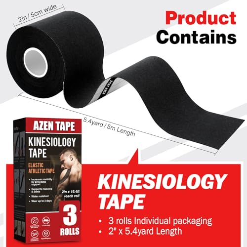 AZEN 3 Rolls Kinesiology Tape, 16.4 ft Waterproof Kinetic Tape for
