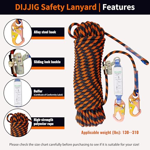 Rope Harness Safety Lanyard 25ft Vertical Roofing Rope With Grab Snap Hooks Shock Absorber Fall Protection Tree Climbing Line Kit Heavy Duty Roof Safety Equipment ANSI CE