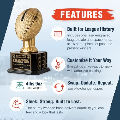 Gold 15" Tall Perpetual Fantasy Football Trophy - Custom Engraving
