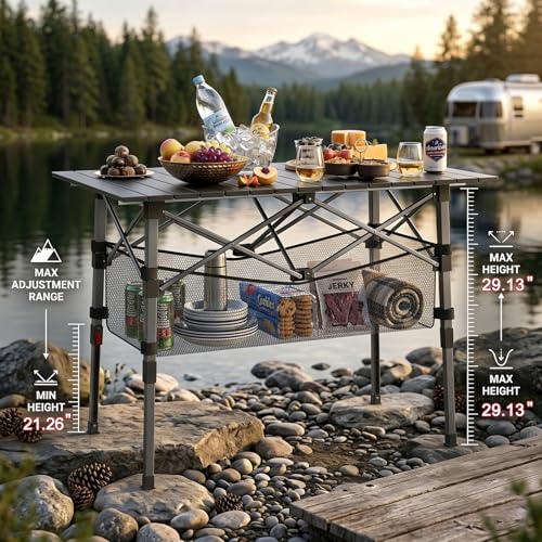 ARMOR CASTLE Adjustable Height Portable Camping Table with Storage Basket - Black, 37" Medium