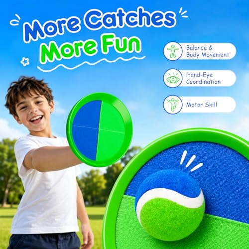 Everich Toy Blue-Green Sticky Paddle Ball Set for Kids & Toddlers, 2 Paddles & Balls, Outdoor Beach & Pool Toy