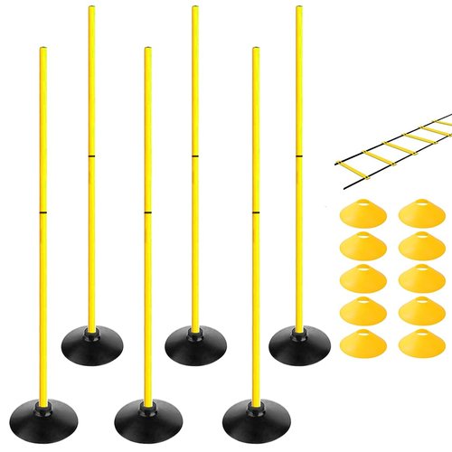 TNZMART 4.9FT Training Agility Poles Set Detachable Soccer Training Sticks Slalom Poles with 10 Disc Cones and Speed Ladder (Pack of 6, Yellow)