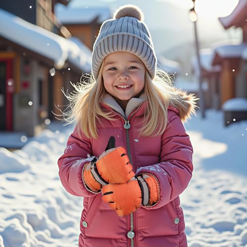 Kids Winter Snow Gloves - Windproof & Water-Resistant - Large Neon Orange