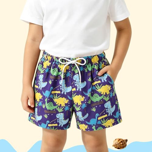 Toddler Boy Swim Trunks Quick Dry Board Shorts with Pocket - 2-3T Purple Dino