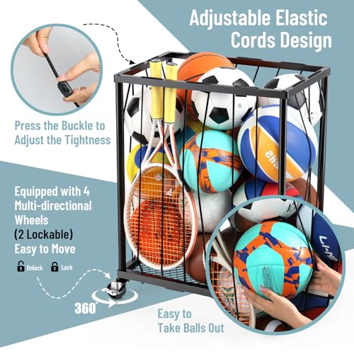 Ball Storage Rack with Rolling Wheels, Holds 12-15 Balls