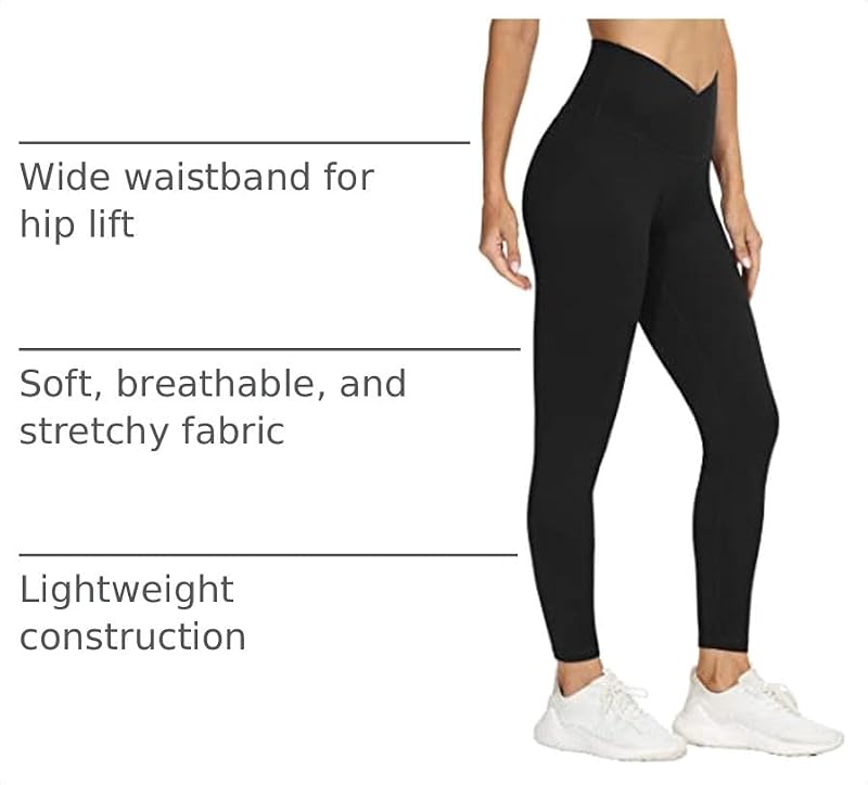 Women’s V Cross Waist Yoga Leggings - Tummy Control Workout Pants, Medium, Black