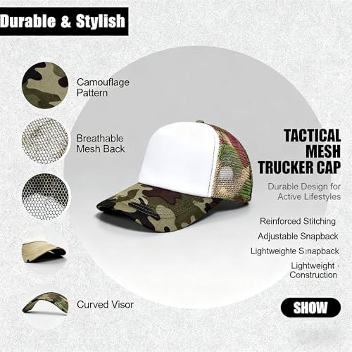 Oakfarm 12 Pcs Sublimation Blank Trucker Hats Bulk Mesh Snapback Caps One Size / Camo White