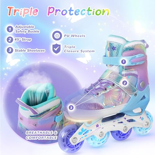 Adjustable Inline Skates for Kids - Purple Butterfly Design, Light Up Wheels