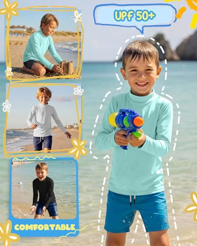 Boys Rash Guard Swim Shirts - 3 Pack, 13-14 Years - Black, Mint Green, Light Gray