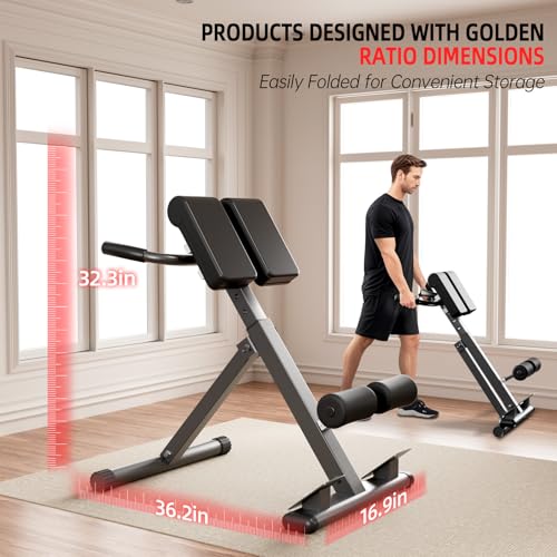 Adjustable Hyperextension Bench - Foldable Roman Chair for Glutes, Hamstrings & Lower Back - Black, Medium
