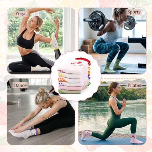 6 Pairs Cute Non-Slip Pilates Socks for Women - Pink, Green, White