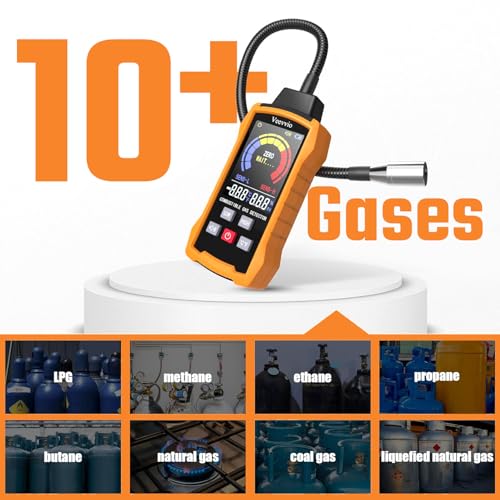 Natural Gas Leak Detector, Veevvio Gas Detector with Audible & Visual Alarm, Gas Sniffer with 11-Inch Gooseneck to Locate Combustible Sources Like Propane Methane for Home and RV (Includes Battery x6)