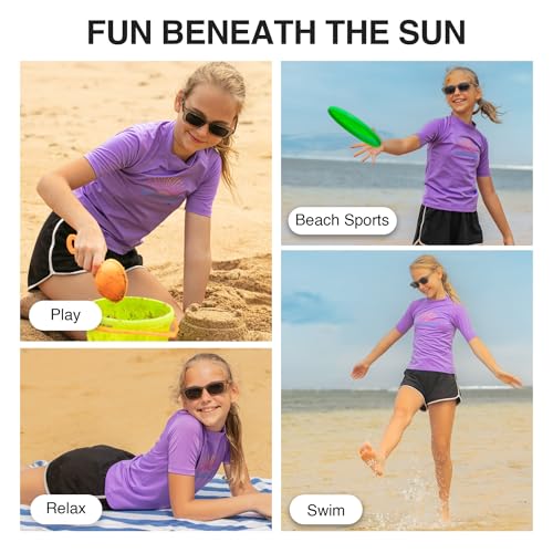 Girls' UPF 50+ Short Sleeve Rash Guard Swim Shirt - 2T, Cori Neon Purple