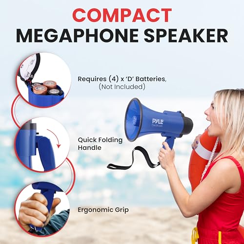 Pyle Blue Compact 30W Battery Megaphone with Siren, 1200 Yards Range, Foldable Handle