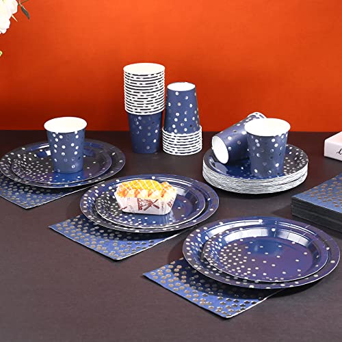 Navy Blue and Silver Party Plates Set 200pcs - Disposable Dinnerware for 50 Guests