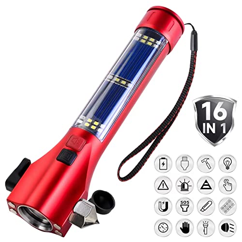 Car Flashlights for Emergencies, Window Breaker Seatbelt Cutter Multifunction Solar Flashlights, Waterproof LED Flashlight Rechargeable Solar Powered Emergency Flashlight for Outdoor