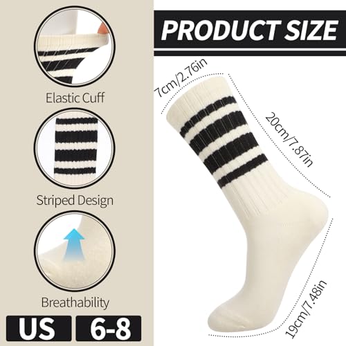 Retro Striped Cotton Crew Socks - 3 Pairs, Black, White, Gray
