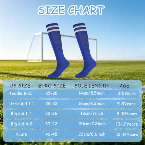 EPEIUS Kids Soccer Socks Cushioned Striped Knee High Boys Girls 4pk