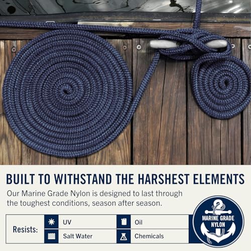 RainierSupplyCo 15ft Navy Blue Double Braided Nylon Dock Lines 2 Pack for Boat Mooring