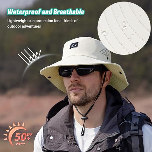 UPF 50+ Wide Brim Fishing Bucket Hat - Mesh Sun Hat - Beige