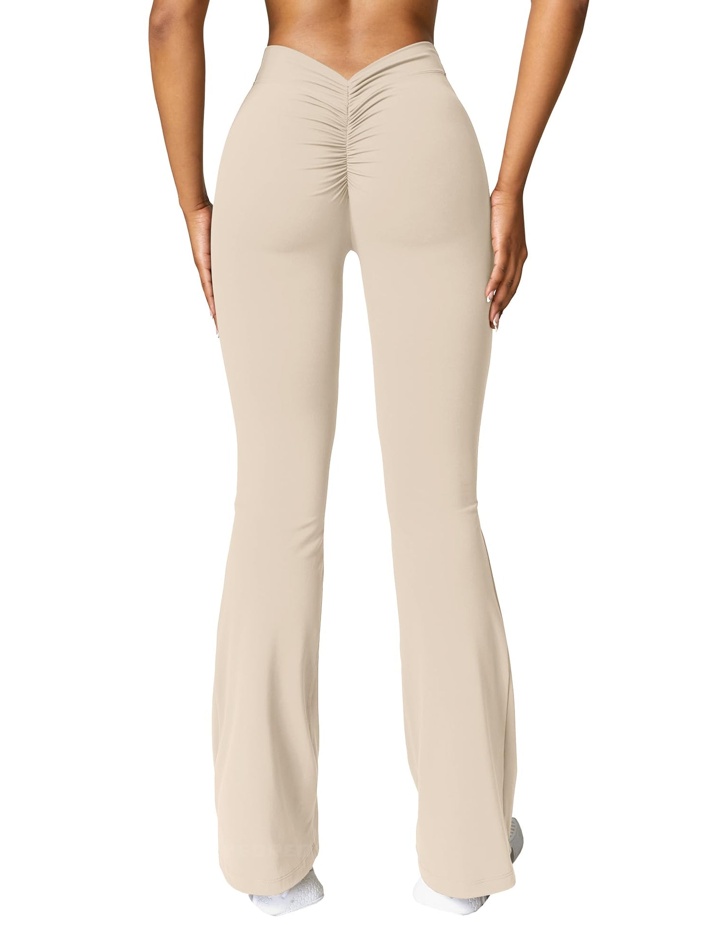 YEOREO Boost Flare Leggings V Back Scrunch Butt Lifting High Waist 31.5" Gym Workout Yoga Pants Light Khaki S