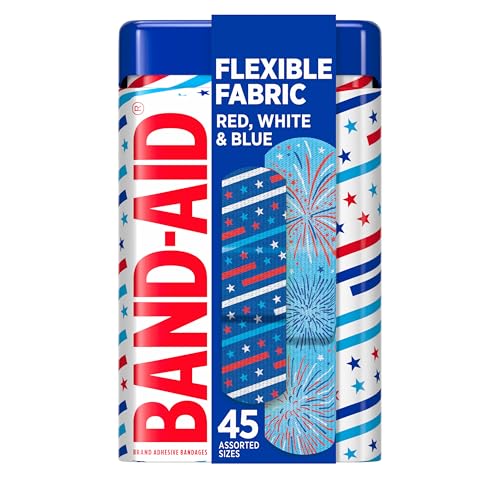 Flexible Fabric Adhesive Bandages - Patriotic Stars & Stripes, 45 Count