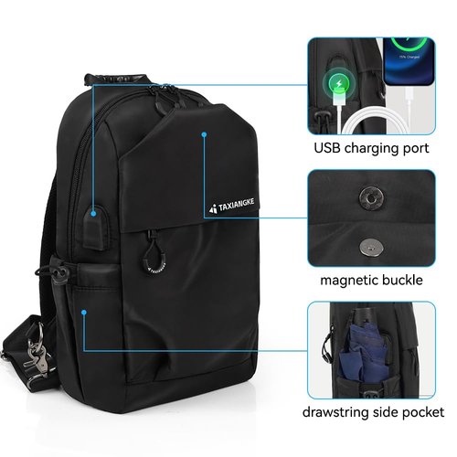 Crossbody Sling Bag For Men Women,Water-Resistant black nylon Single-shoulder bag, With USB interface lightweight Chest Pack,For Commute cycing travel running Everyday use