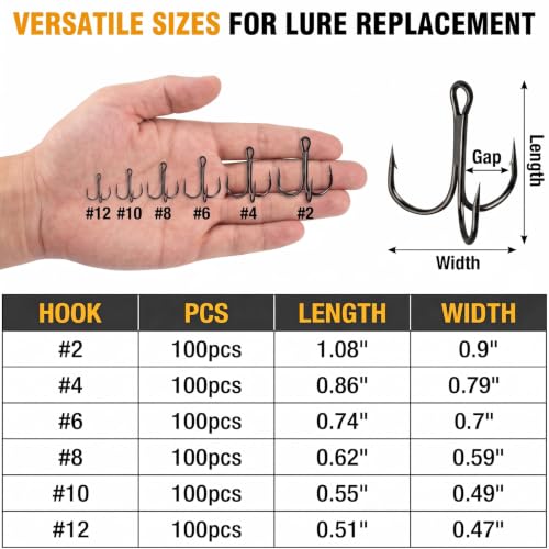Yatrouys Black Treble Fishing Hooks Size 6 - 100pcs, High Carbon Steel, Super Sharp
