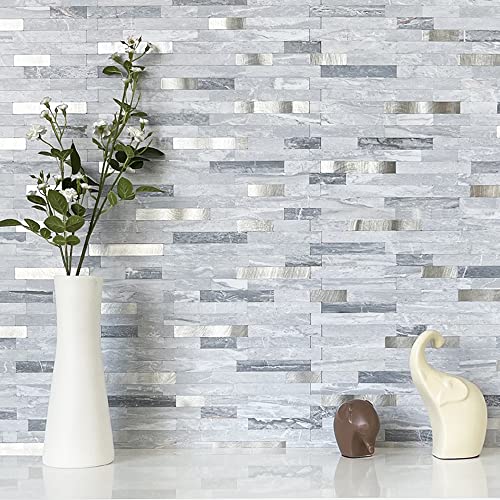 DICOFUN Peel and Stick Backsplash Tile, PVC Mixed Metal Stick on Backsplash Tiles for Kitchen and Bathroom (1, Light Grey & Metal Silver)
