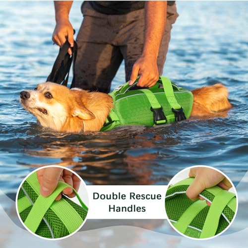 Kuoser XL Reflective Dog Life Jacket Green, High Flotation Pet Swim Vest