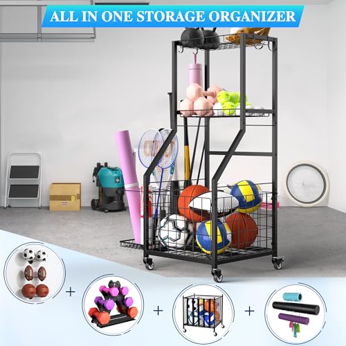 Garage Sports Equipment Organizer with Wheels - 3-Tier Ball Storage Rack