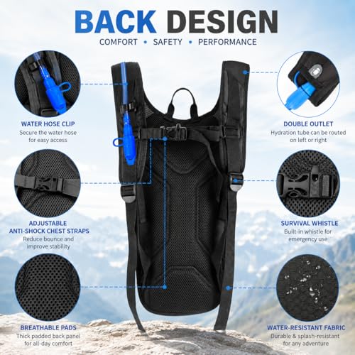 Hydration Backpack with 2L Bladder - Lightweight Black Pack