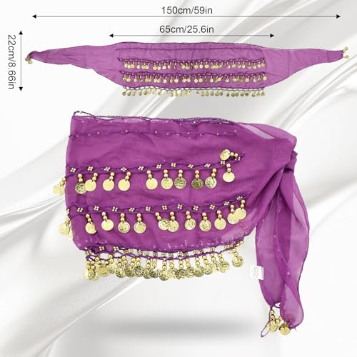 Belly Dance Hip Scarf Outfit - 3-Layer Gold Coin Design, Purple