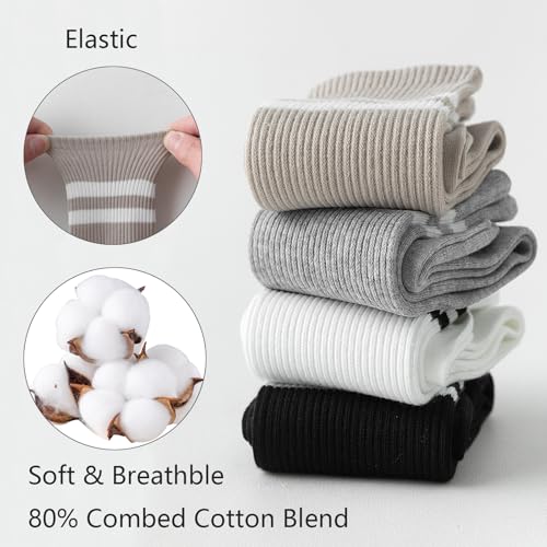 Womens Athletic Striped Crew Socks - 4 Pairs White, Black, Grey, Khaki
