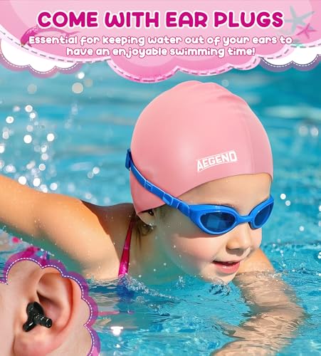 Aegend Kids Swim Cap 2 Pack - Light Pink & Light Purple (Age 3-8) Unisex Silicone