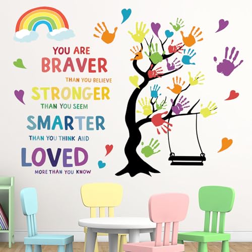 Yovkky Inspirational Braver Stronger Smarter Loved Wall Decals Stickers, Colorful Handprints Tree Rainbow Educational Nursery Classroom Decor, Positive Swing Home Decorations Kids Bedroom Playroom Art