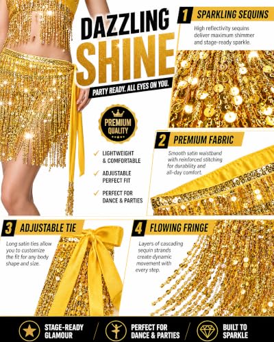 Gold Sequin Tassel Wrap Skirt for Belly Dance & Festivals