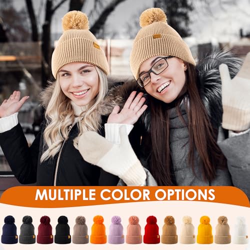 Womens Fleece-Lined Winter Beanie Hat with Pom Pom - Beige