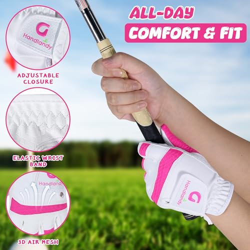 Kids Golf Glove - Left Hand Breathable Junior Glove, Medium Pink (Age 5-7)