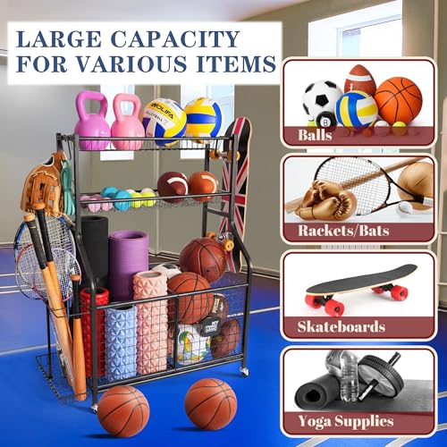 Rolling Sports Equipment Organizer with Bins and Hooks