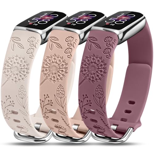Minyee 3-Pack Fitbit Luxe Bands Waterproof Soft Silicone Floral Engraved Dandelion Wristbands (Starlight/Nude/Violet Smoke) 5.3-7.6"