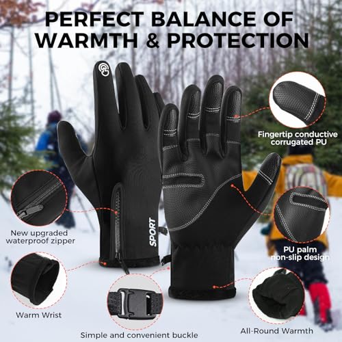 Winter Gloves for Men & Women - Zipper Touch Screen, Black, Medium