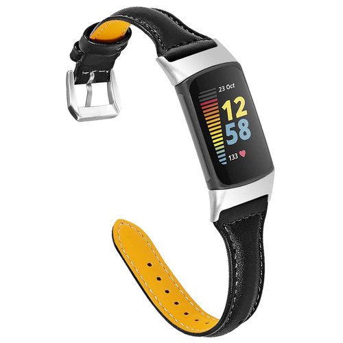 Uzviyo Compatible for Fitbit Charge 5 Watch Bands, Elegant Narrow Leather Strap Wristband with a HD Screen Protector, Soft Bracelet Replacement for Fitbit Charge 5 for Women (Black)