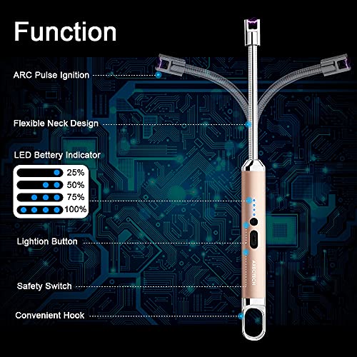 Electric Arc Candle Lighter - Rechargeable USB Flameless Long Neck - Gold
