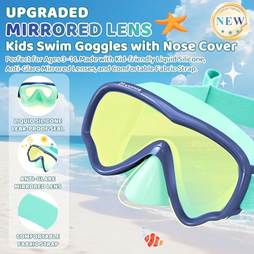 Kids Swim Goggles with Nose Cover Mirrored Green - No Leak, Adjustable, UV Protection, 3-14 Years