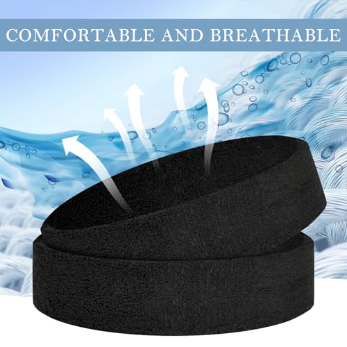 Cotton Terry Sweat Headbands Set - 4 Pack for Running & Gym - Black