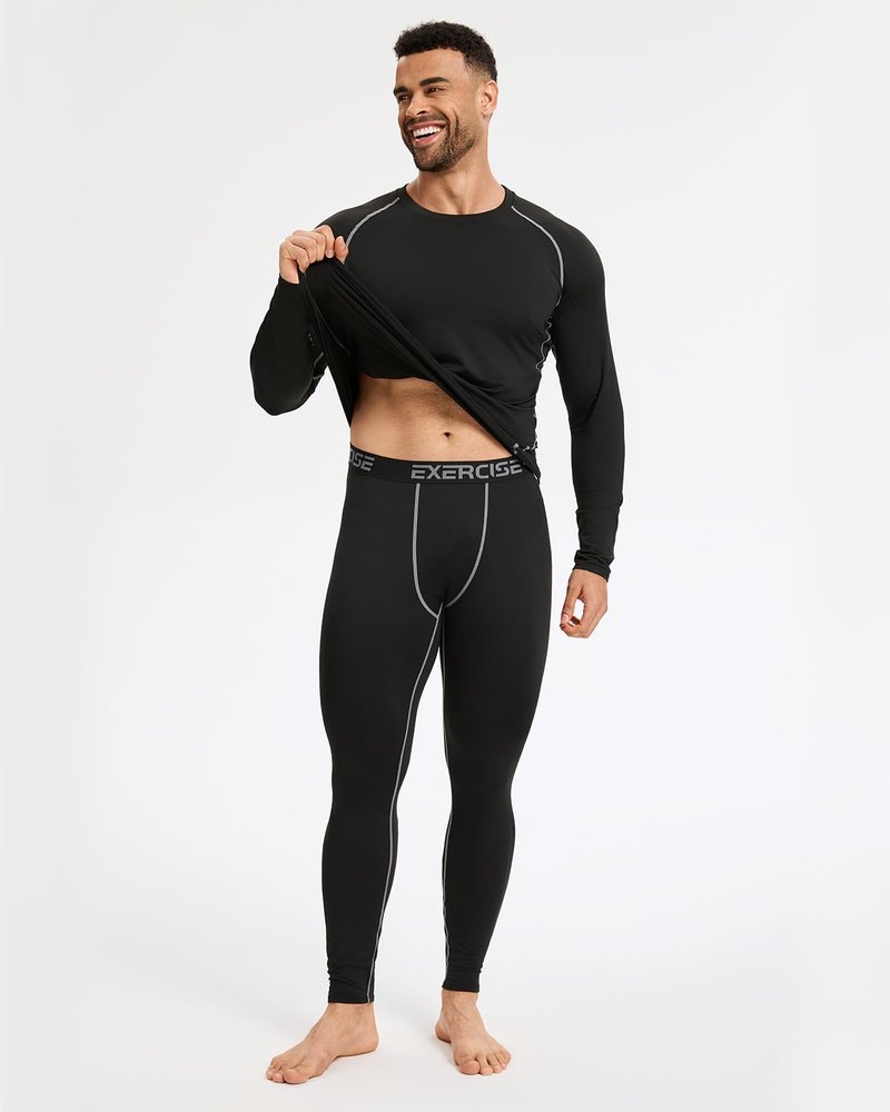 ATTIQOZI 2 Pack Thermal Underwear for Men Long Johns Fleece Lined Compression Pants Base Layer Cold Weather Top Bottom Black+Black(b) M